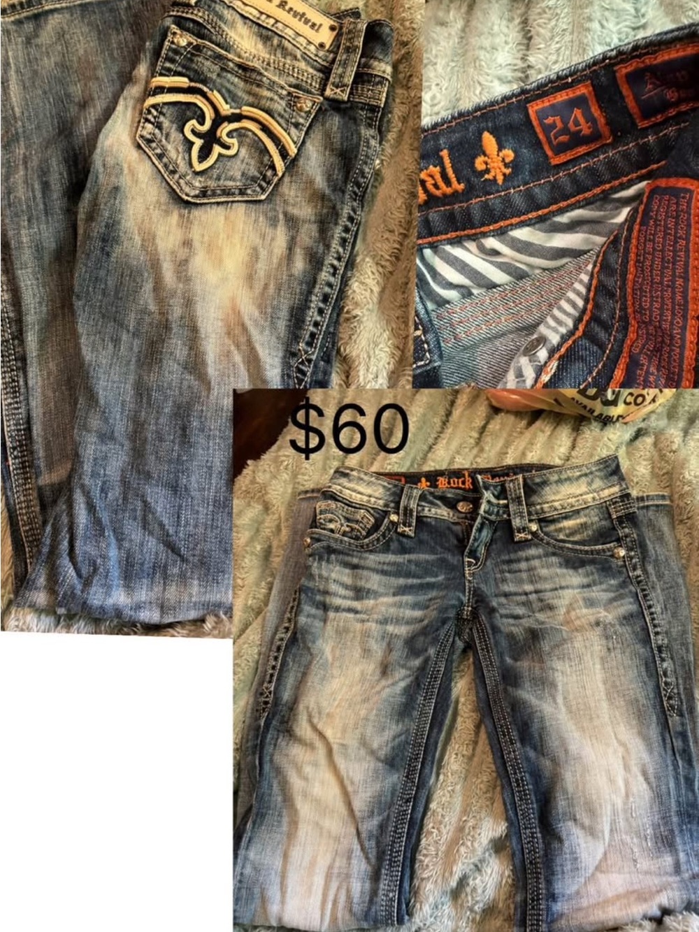 Rock Revival Faded Blue Jeans with Orange Trim